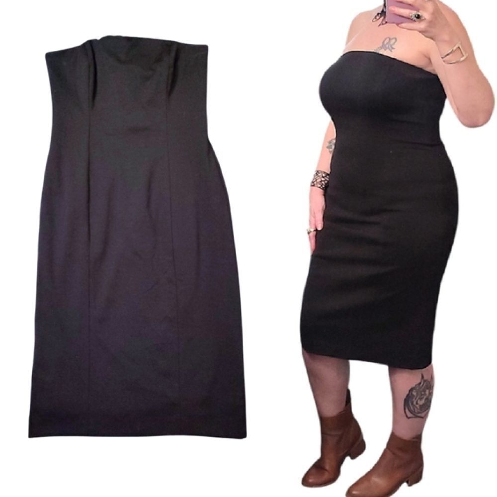 VTG Spiegel Black Strapless Corset  Fitted Bodycon Midi Pencil Dress SZ 8
